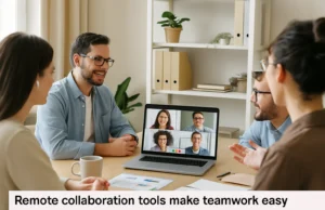 Team having an online meeting remotely