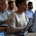 Diverse group of professionals working remotely on laptops for remote jobs without a degree