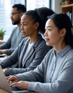 Diverse group of professionals working remotely on laptops for remote jobs without a degree