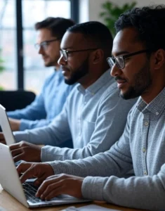 Diverse group of professionals working remotely on laptops for remote jobs without a degree
