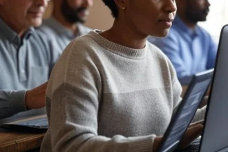 Diverse group of professionals working remotely on laptops for remote jobs without a degree