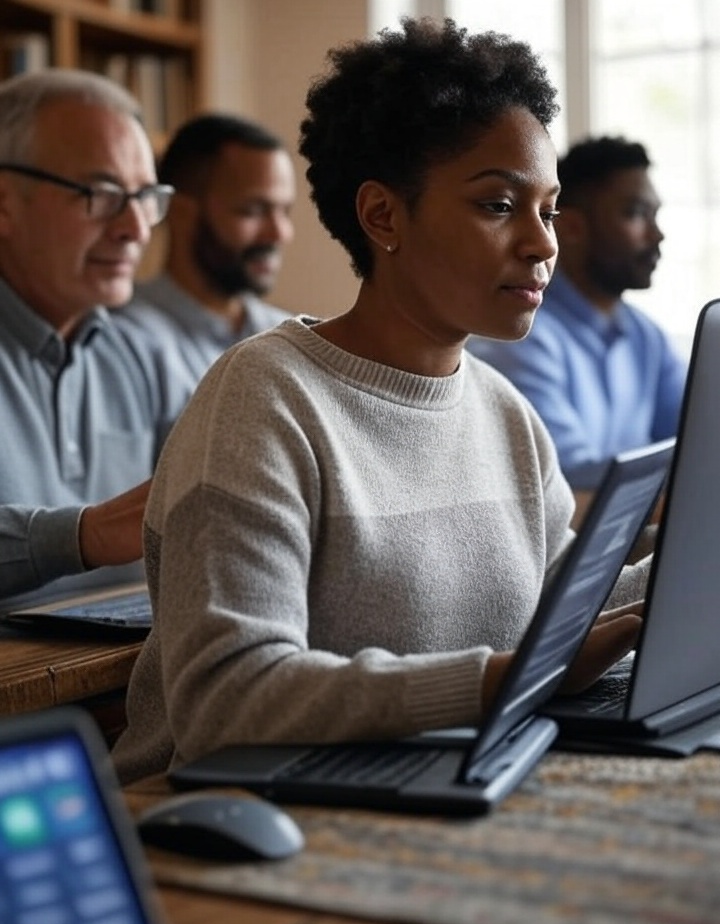 Diverse group of professionals working remotely on laptops for remote jobs without a degree