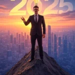 career advice a vibrant digital illustration of a confident professional standing at the peak of a mountain, holding a glowing lightbulb symbolizing innovation and success. The background features a futuristic cityscape with 2025 written in bold, modern typography, representing career growth and opportunity.