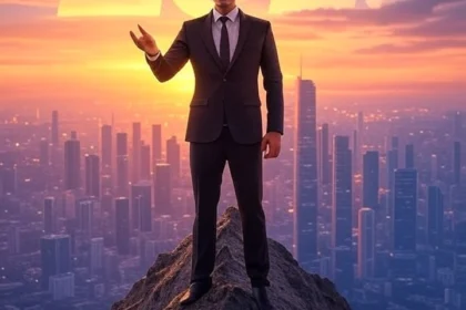 career advice a vibrant digital illustration of a confident professional standing at the peak of a mountain, holding a glowing lightbulb symbolizing innovation and success. The background features a futuristic cityscape with 2025 written in bold, modern typography, representing career growth and opportunity.