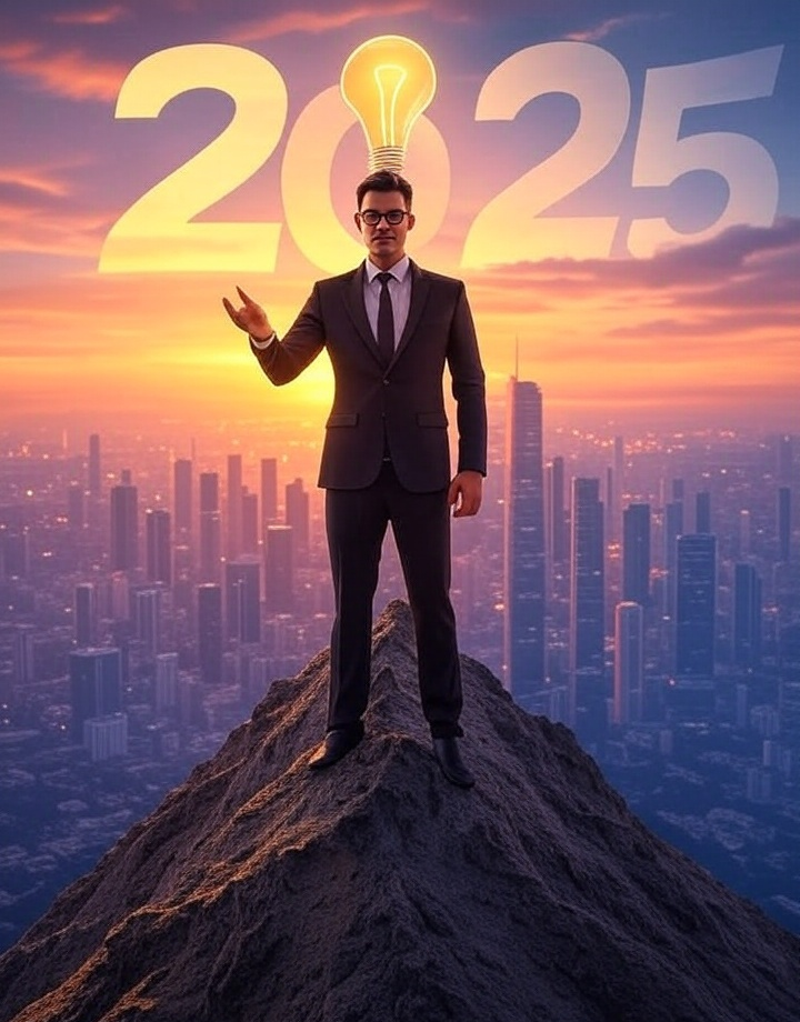 career advice a vibrant digital illustration of a confident professional standing at the peak of a mountain, holding a glowing lightbulb symbolizing innovation and success. The background features a futuristic cityscape with 2025 written in bold, modern typography, representing career growth and opportunity.
