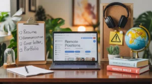 Remote job search setup with laptop and coffee