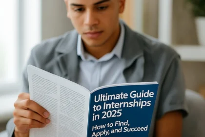 A person reading the Ultimate Guide to Internships in 2025: How to Find, Apply, and Succeed book in a well-lit room