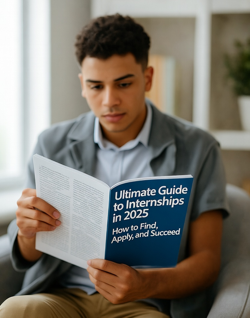 A person reading the Ultimate Guide to Internships in 2025: How to Find, Apply, and Succeed book in a well-lit room