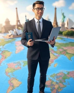 Work Abroad in 2025 – Complete Guide to International Careers . A vibrant digital illustration of a professional standing on a world map, holding a laptop and a passport, with iconic global landmarks like the Eiffel Tower, Statue of Liberty, and Sydney Opera House in the background, symbolizing international career opportunities.