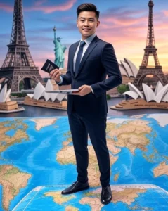 Work Abroad in 2025 – Complete Guide to International Careers . A vibrant digital illustration of a professional standing on a world map, holding a laptop and a passport, with iconic global landmarks like the Eiffel Tower, Statue of Liberty, and Sydney Opera House in the background, symbolizing international career opportunities.